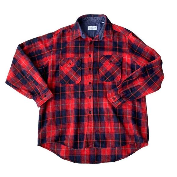 Vintage Sears Roebuck & Co Wool Blend Long Sleeve Red / Navy Blue Plaid Men's XX - Picture 1 of 6